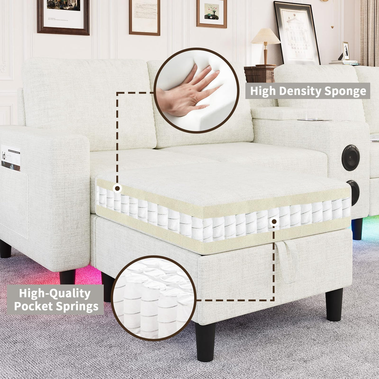 ZSDT Sectional Couches for Living Room, 6 Seat Sectional Sofa Smart Module-Bluetooth Speaker/RGB Light/Charging Station, Chenille U Shaped Couch with 2 Movable Storage Ottomans (Beige) ZSDT