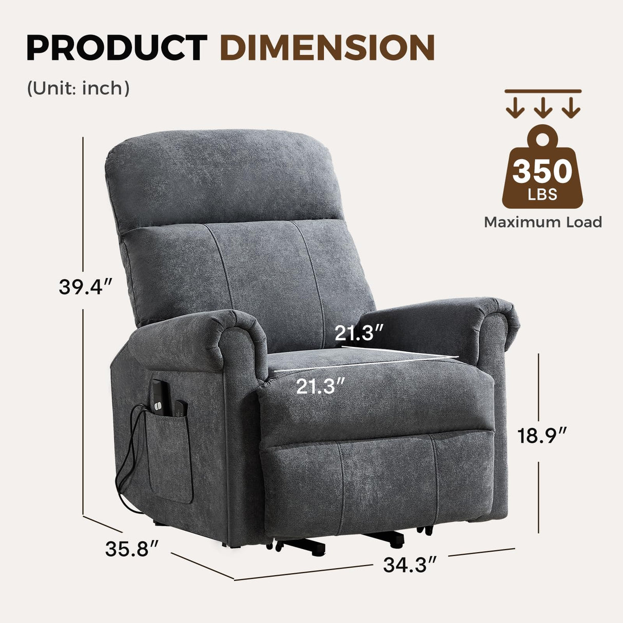 HAOMARKETS Power Lift Recliner Chair with Massage and Heat for Elderly, Electric Recliners with Remote Control,Soft Fabric Upholstered Reclining SingeSofa with Side Pocket for Living Room, Grey HAOMARKETS