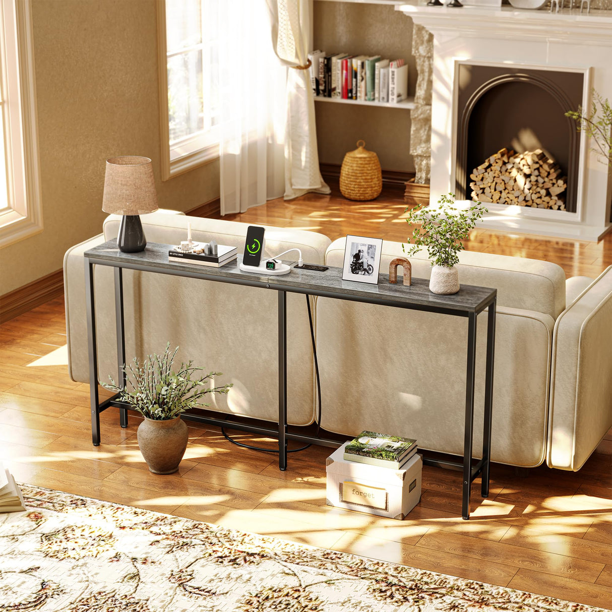 SUPERJARE Console Table with Outlet, 63 Inch Sofa Table with Charging Station, Narrow Entryway Table, Skinny Hallway Table, Behind Couch Table Skinny for Entryway, Living Room, Plants -Gray SUPERJARE