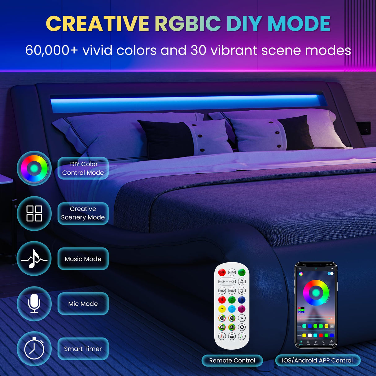 SHA CERLIN LED King Deluxe Upholstered Bed Frame - Adjustable Grey Sleigh Design with Music Sync Lighting SHA CERLIN