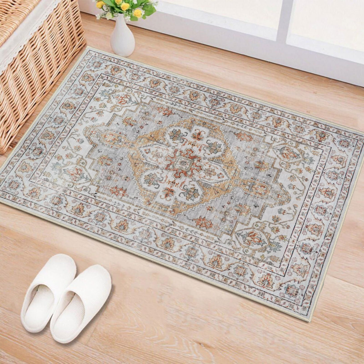 Washable Hallway Runner Rug 2x3: Non Slip Runner Rugs with Rubber Backing Soft Kitchen Rug Farmhouse Distressed Carpet Runner for Living Room Bedroom Bathroom (Turmeric/Grey, 2X3) TOPRUUG