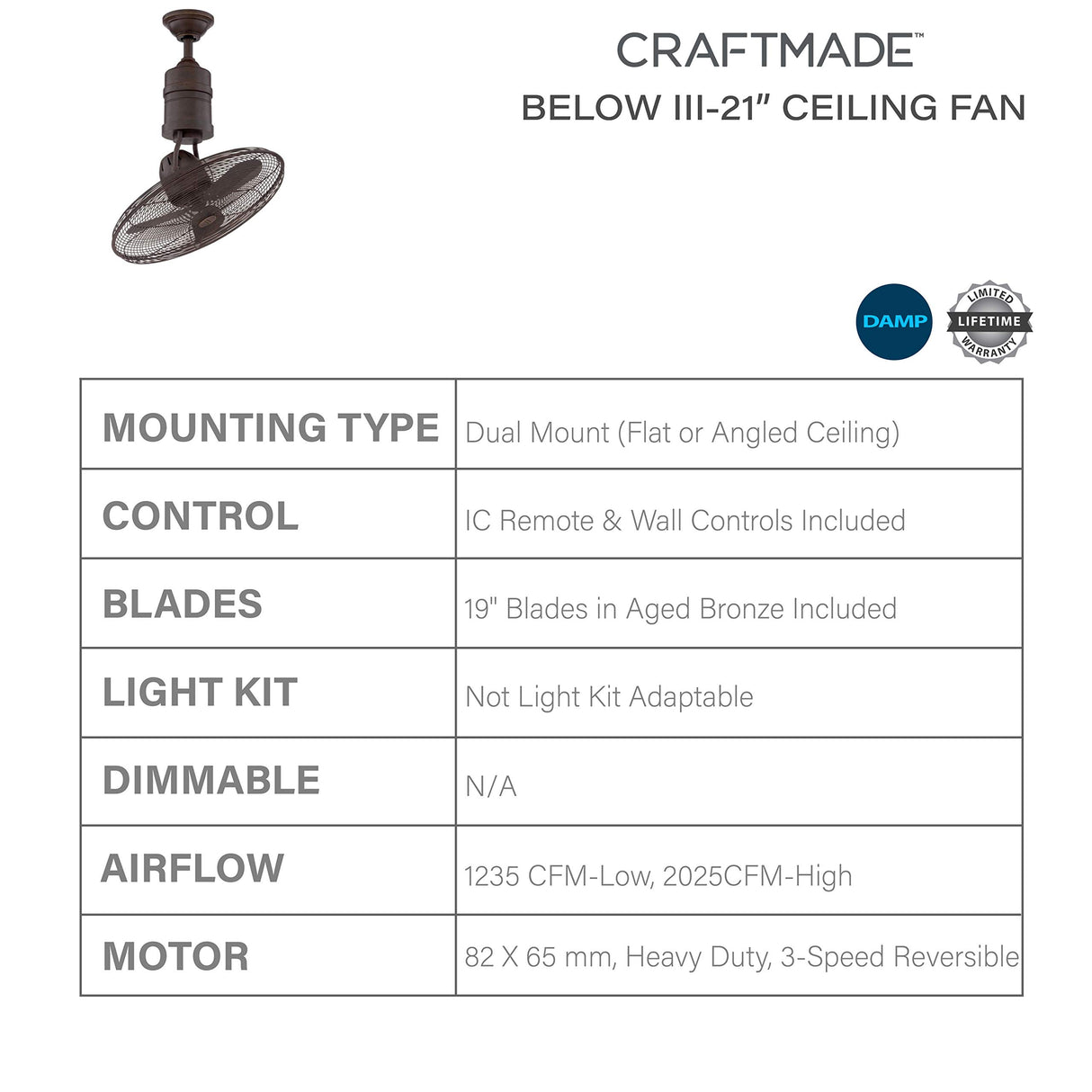Craftmade BW321AG3 Bellows III Dual Mount 21" Outdoor Reversible Oscillating Ceiling Fan with Wall & Remote Control, 3 Blades with Safety Cage, Aged Bronze Textured Craftmade