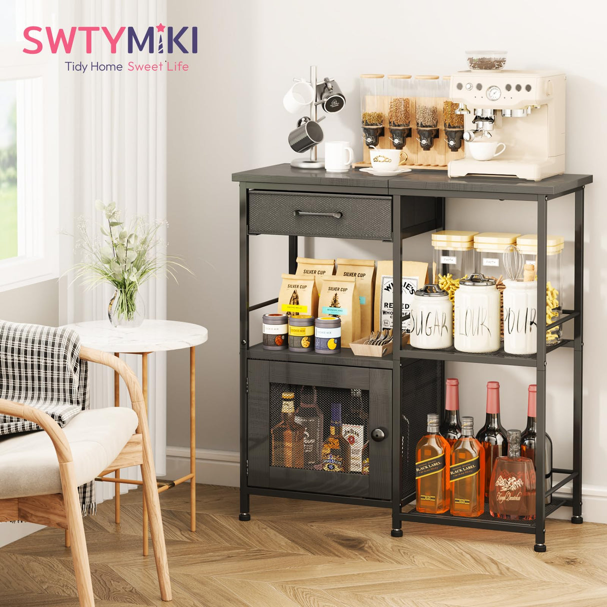 SWTYMIKI Coffee Bar Cabinet for Home - Farmhouse Coffee Stand Station Multi-Purpose Storage Cabinet with Adjustable Feet, Drawers - Kitchen Bar Table for Living Room, Corner, Small Space, Black SWTYMIKI