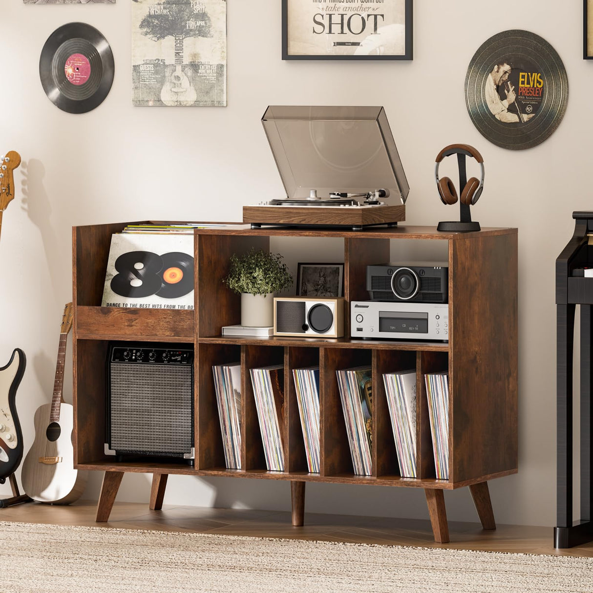 LELELINKY Large Record Player Stand, 48‘’Turntable Stand with Storage, Vinyl Record Holder with Display Area, Record Player Table Holds Up to 450 Albums, Record Stand for Music Room Living Room LELELINKY