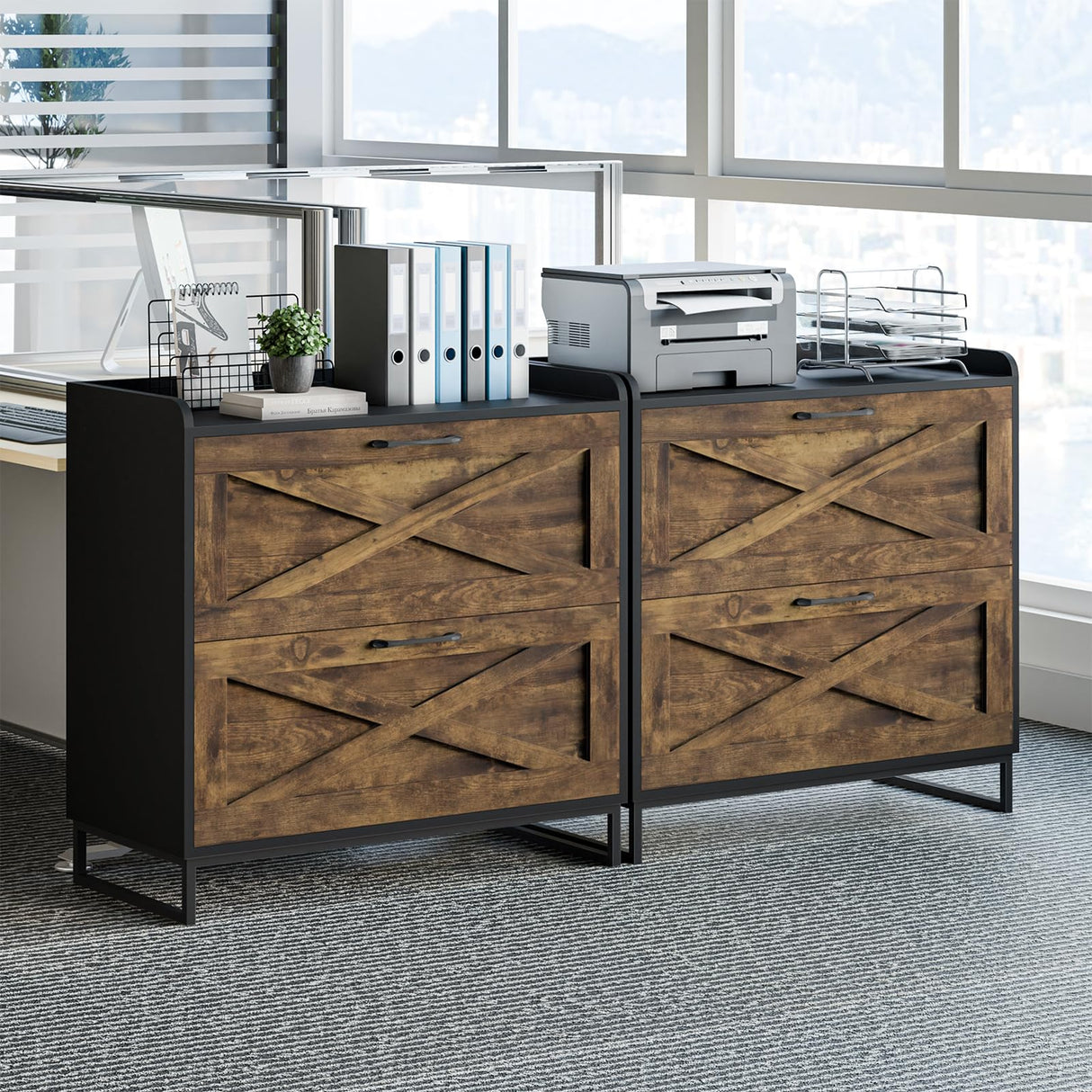 2 Drawer Lateral File Cabinet, Filing Cabinet with Charging Station for Letter/Legal/A4 Size Hanging Files, Modern Farmhouse File Cabinet for Home Office, Printer Stand with Storage, Brown and Black Befrases