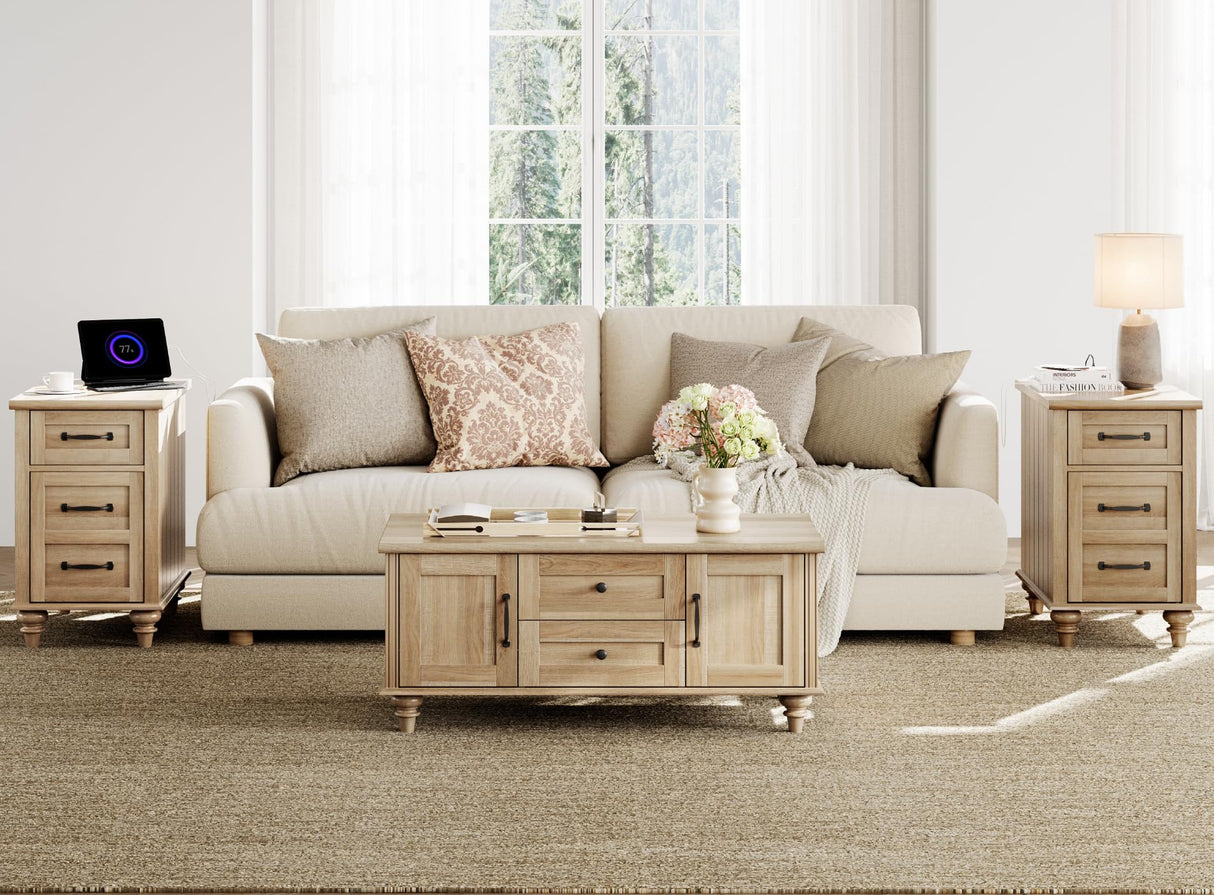 WAMPAT Farmhouse Coffee Table with Storage Cabinet, Wooden Coffee Tables for Living Room, Rustic Tea Table Rectangle Center Table with Drawers for Home, Oak WAMPAT