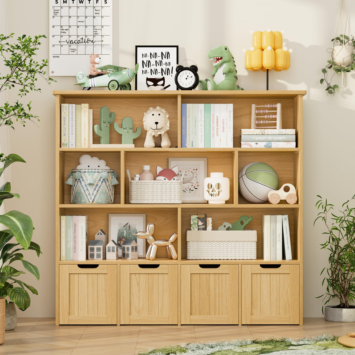 FINETONES Toy Storage Organizer, Large Toy Organizers and Storage with 4 Movable Drawers and 7 Storage Cubbies, Toy Chest Shelf Kids Bookshelf with Hidden Wheels, Natural FINETONES