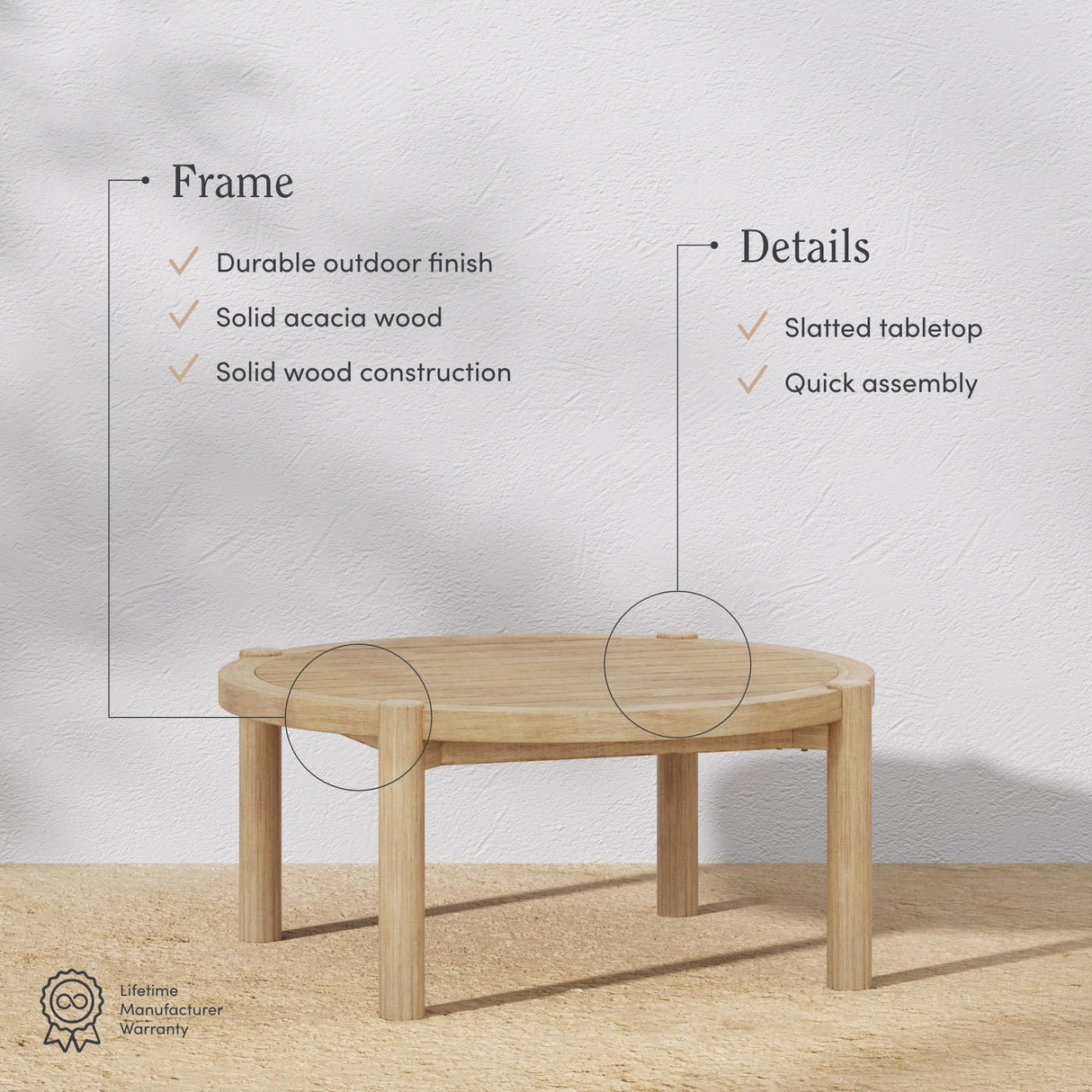 Nathan James Bora Round Outdoor Coffee Table, Farmhouse Wood Coffee Table for Patio or Porch, Solid Acacia Wood Nathan James