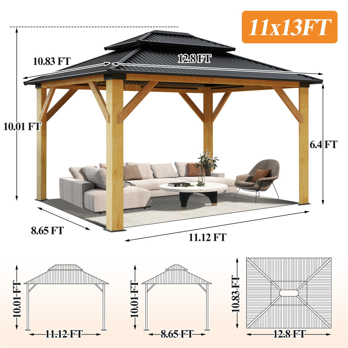 GARTOO 11’x13’ Outdoor Wooden Gazebo - Patio Galvanized Steel Gazebo with Double Vented Roof, Heavy-Duty Cedar Wooden Gazebo for Garden, Lawn, Poolside, Backyard Deck GARTOO
