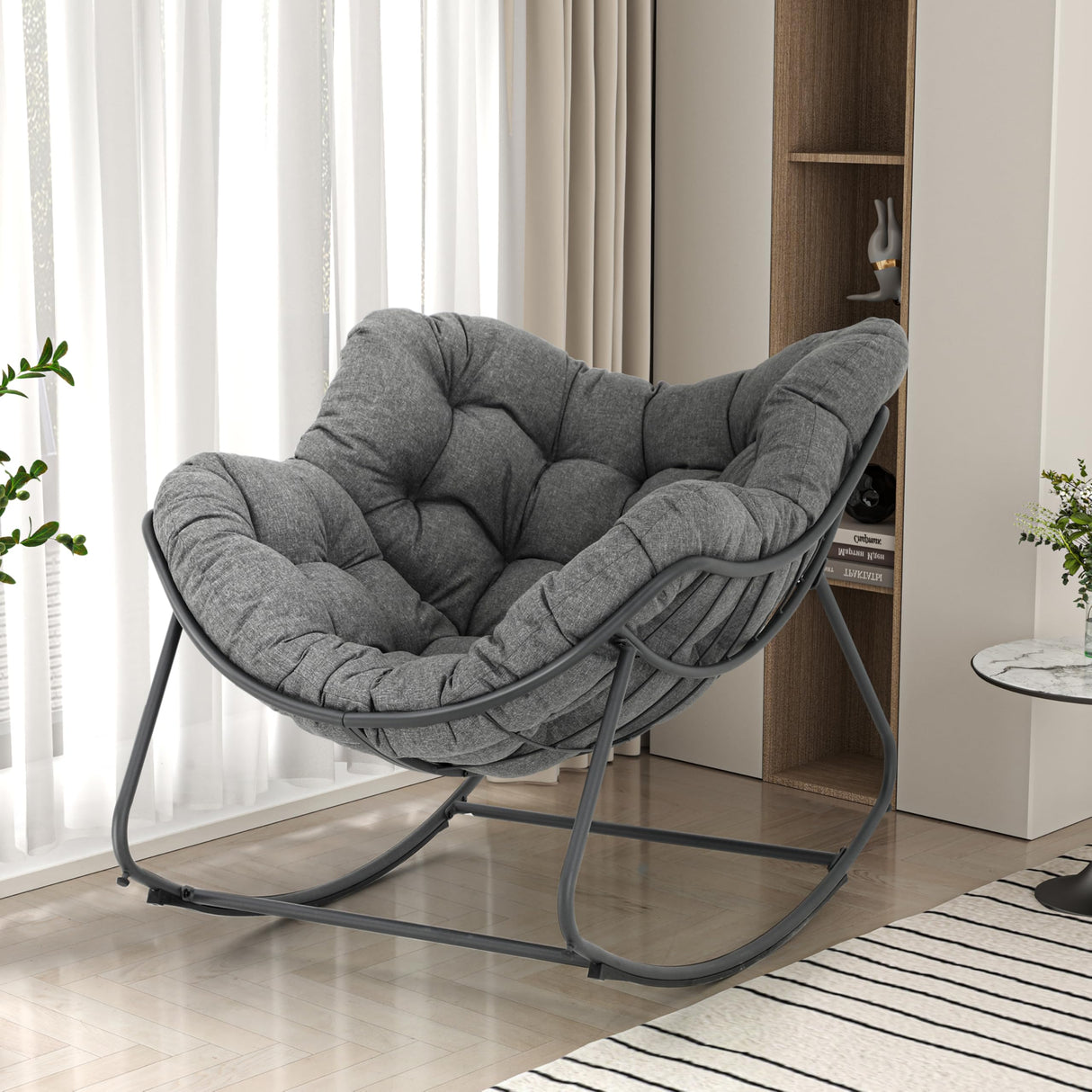GREEN MORE Patio Rocking Chair Oversized Indoor & Outdoor, Egg Rocking Chair Lounge with Padded Cushion and Metal Frame for Front Porch Patio Backyard GREEN MORE