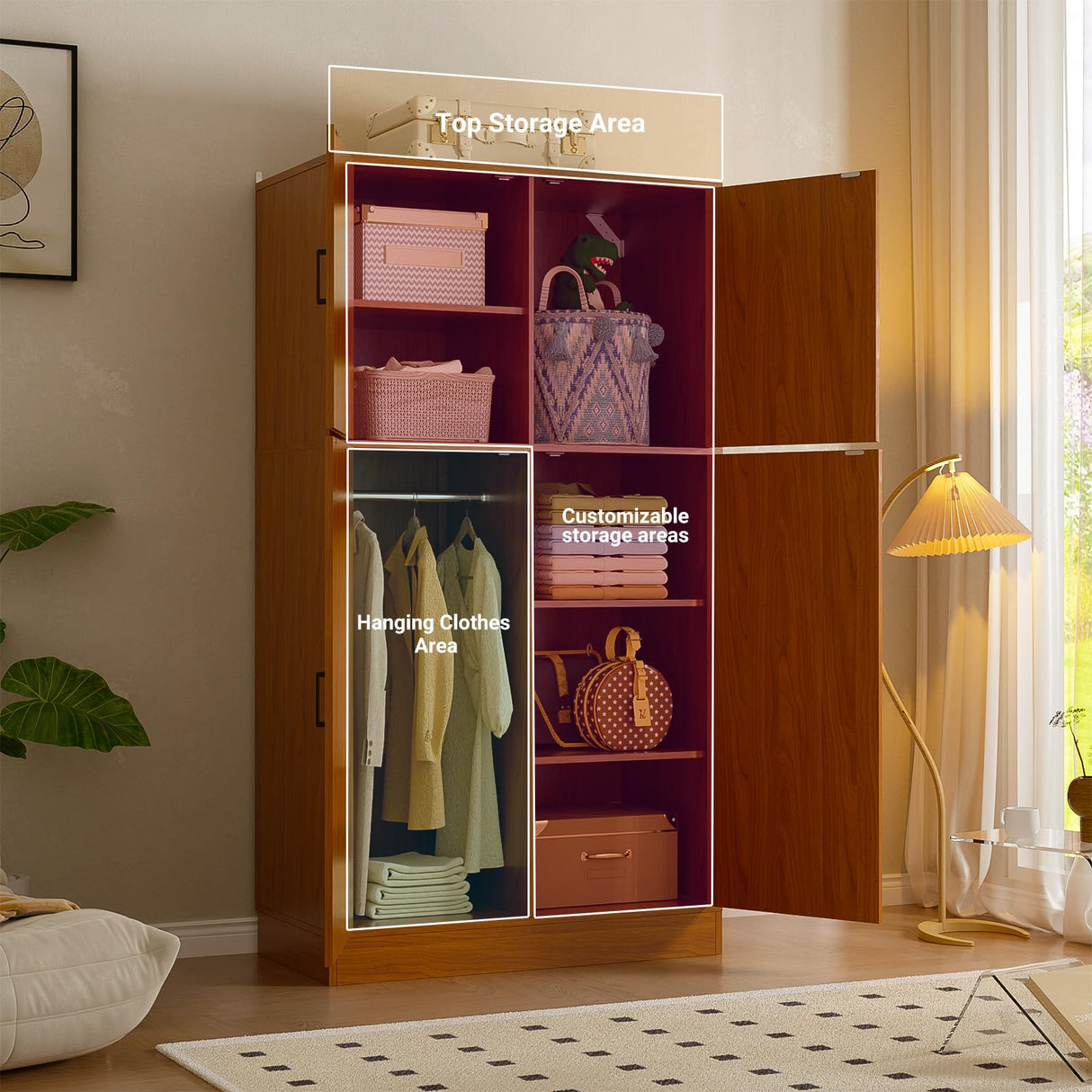 Unikito 71'' Farmhouse Wardrobe Closet with Hanging Rod, 4 Barn Door Storage Cabinet with Adjustable Shelves, Freestanding Closet Wardrobe Cabinet for Bedroom Living Room Office, Highland Oak Unikito