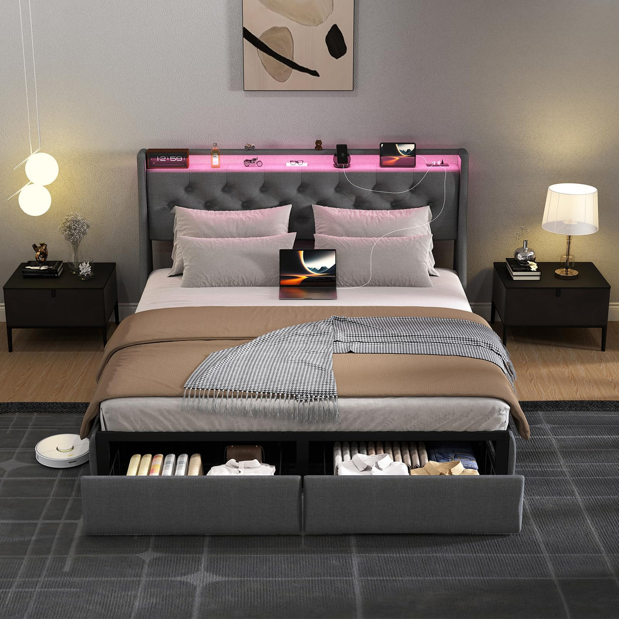 SADENICEL Queen Bed Frame with Storage Headboard and 2 Drawer, Metal Queen Size Bed Frame Platform with LED Light, Charging Station, No Box Spring Needed, Noise Free, Easy Assembly, Grey SADENICEL