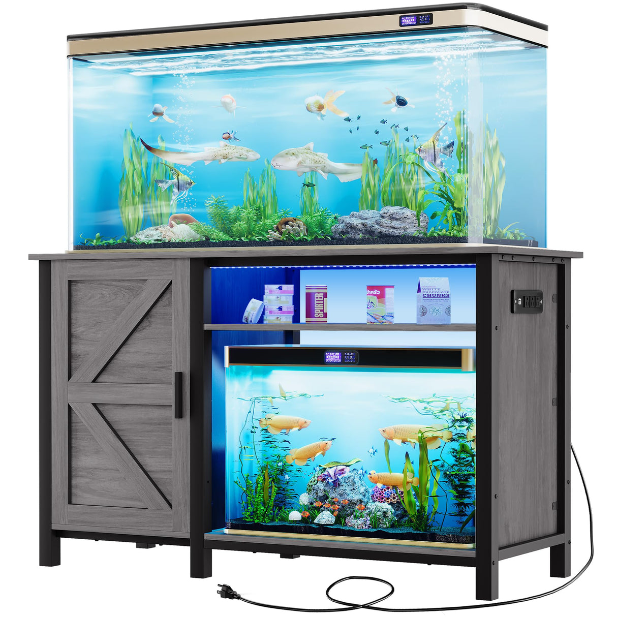 YITAHOME Aquarium Stand with Power Outlets, 55-75 Gallon Fish Tank Stand, Cabinet with RGB Light Strip Suitable for Turtle Tank, Reptile Terrarium, 900LBS Capacity, Grey YITAHOME