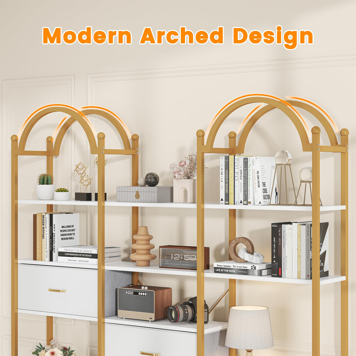 Semoic 83.5" Tall Arched Bookshelf, Triple Wide 6-Tier Large Open Book Shelf with 3 Drawers Storage, Etagere Bookcase with Display Shelf, Industrial Bookshelf with Metal Frame for Living Room, Gold Semoic