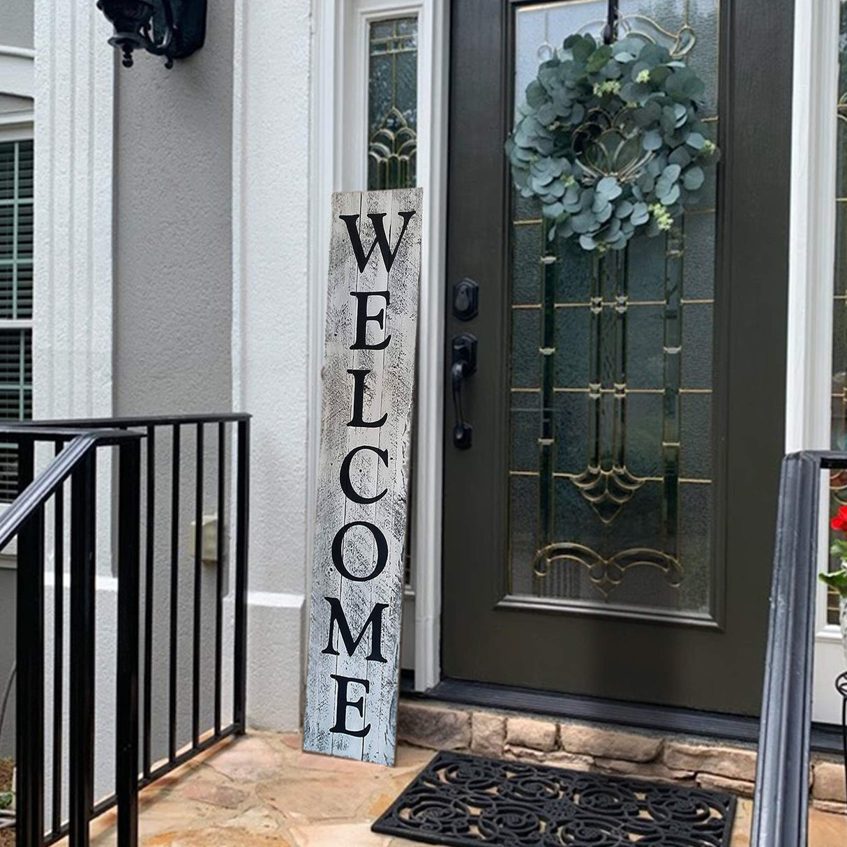 Rockin' Wood Indoor Outdoor Welcome Sign 5 Foot Vertical Rustic Reclaimed Wood Farm House Style for Front Door or Porch, White with Black Lettering Rockin' Wood