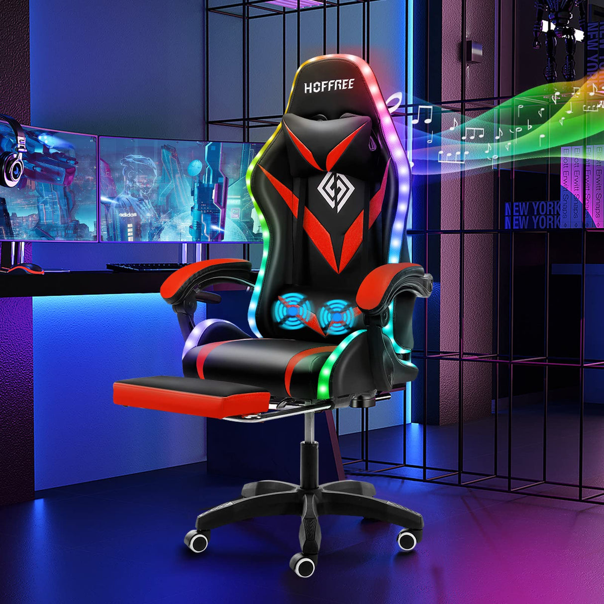 HOFFREE Gaming Chair Massage with Bluetooth Speakers and Led Lights Ergonomic Computer Gaming Chair with Footrest RGB Video Game Chair with High Back Lumbar Support Red and Black HOFFREE