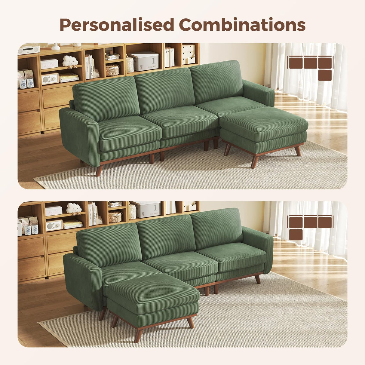 Vesgantti 97" Modular Sectional Sofa Green, L-Shaped Couch with Movable Ottoman, Comfy Corduroy Couch with Spring Cushion, Modular Sofa with Deep Seat for Living Room, Bedroom and Apartment Vesgantti
