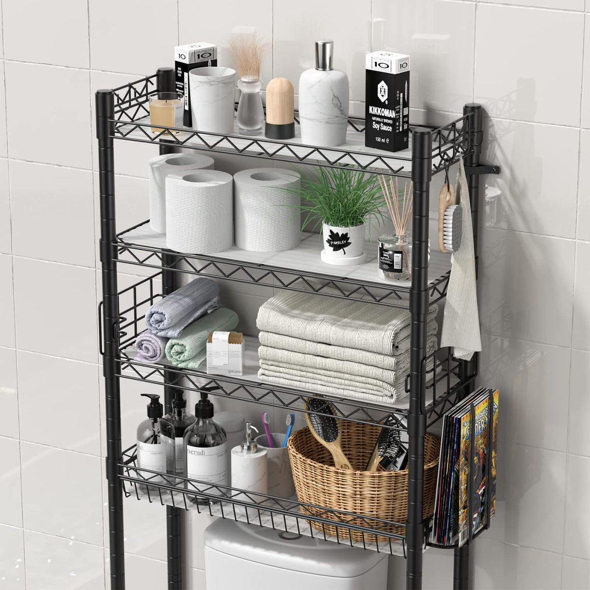 Hodonas Over Toilet Bathroom Organizer, 4-Tier Over The Toilet Storage Shelf Bathroom Shelves, Above Toilet Storage Rack Bathroom Space Saver, Black Hodonas