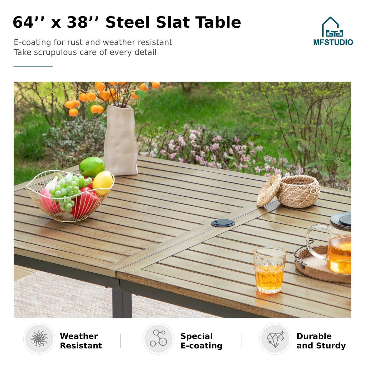 MFSTUDIO 7 Pieces Patio Dining Sets,Outdoor Furniture Set Including 1x 64 Rectangle Wood-like Table Table and 6 Padded Sling Swivel Chairs Metal Dining Set for Backyard,Garden,Deck MFSTUDIO