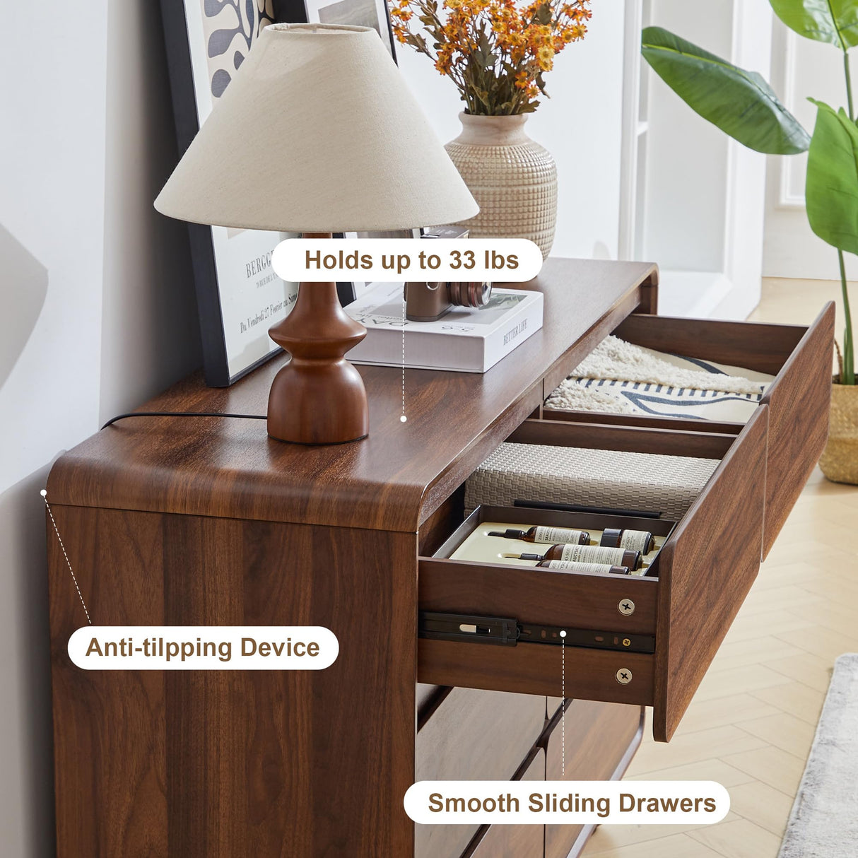 AVZEAR Modern 6 Drawer Dresser for Bedroom, 48" Wide Wooden Dresser Chest of Drawers, Handle Free & Curved Profile Design, Mid Century Closet Clothes Storage Organizer for Living Room, Walnut AVZEAR