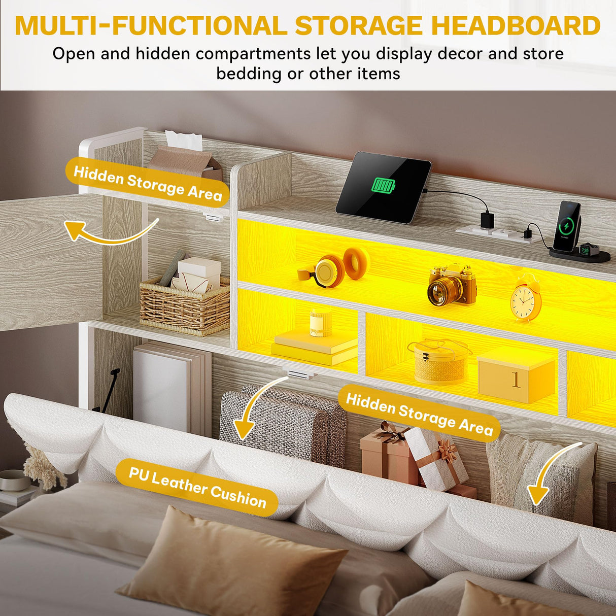 DWVO Queen Size Bed Frame with RGB LED Lights & Storage Bookcase Headboard, Upholstered Bed with Charging Station and 4 Drawers, No Box Spring Needed, Easy Assembly, Noise-Free, PU Leather White DWVO