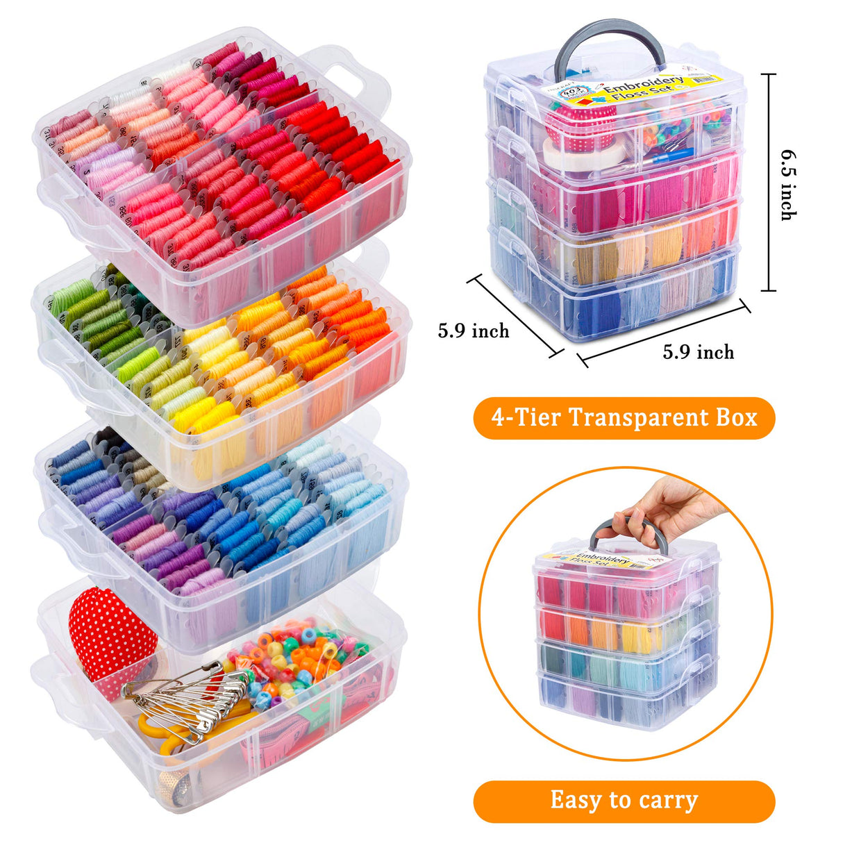 Inscraft 403 Pack Embroidery Floss Set, 250 Colors Cross Stitch Friendship Bracelet Thread with 153 Pcs Cross Stitch Tool, 4-Tier Transparent Box for Storage INSCRAFT