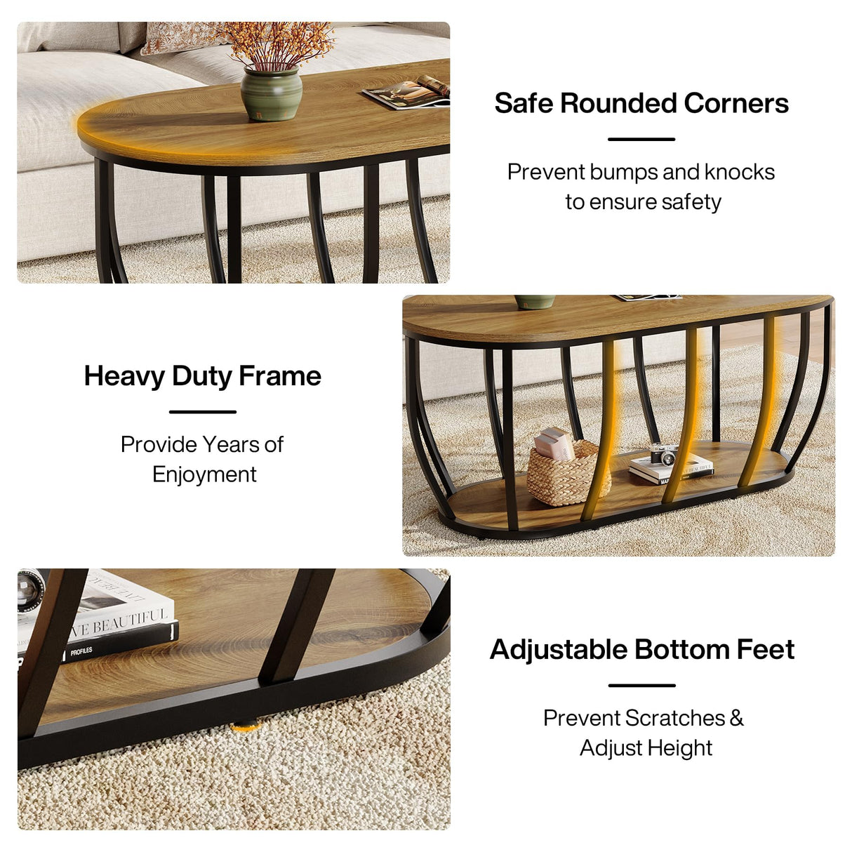 Tribesigns Oval Industrial Coffee Table with 2-Tier Storage, 47.2" Modern Wooden Center Cocktail Table with Curved Metal Base for Living Room, Home Office, Easy Assembly, Rustic Brown Tribesigns