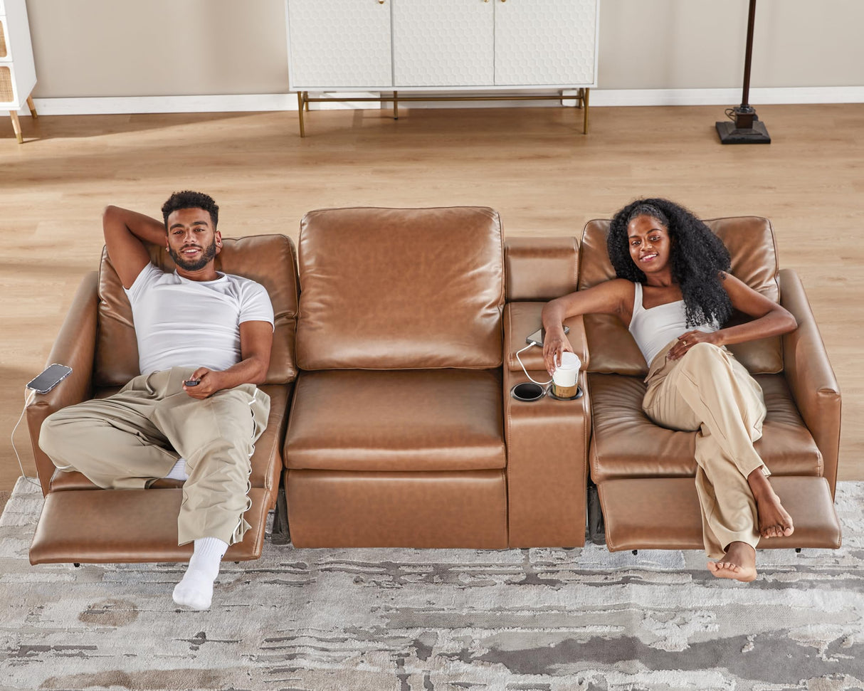 AMERLIFE Single Left Power Recliner Sofa, Reclining Sectional Sofa with Console, 5 Seats L Shaped Couch with Cup Holder& Charging Socket, Leather Modular Sofa for Living Room AMERLIFE