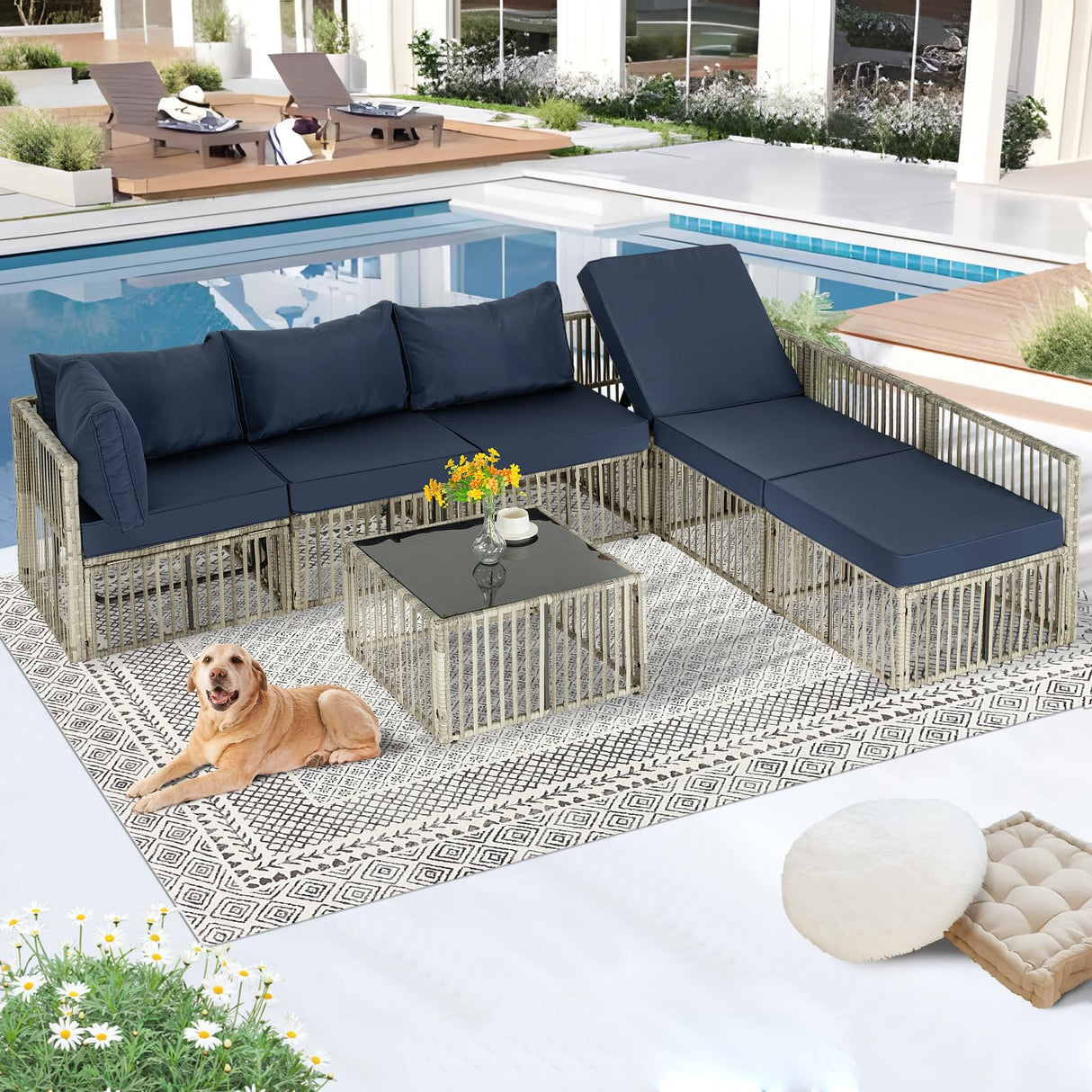 FHFO 7 Pieces Outdoor Patio Furniture Set, Wicker Outdoor Sectional Conversation Couch Set with Adjustable Backrest Sofa, Thick Cushion & Coffee Table for Garden, Porch, Poolside, Grey/Blue FHFO