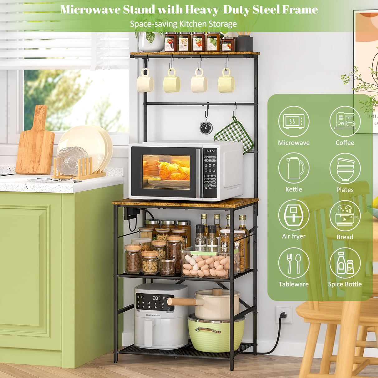 DAOUTIME Kitchen Bakers Rack with Power Outlet, 4-Tier Coffee Bar Station with 6 S Hooks, Microwave Stand for Kitchen, Living Room, Farmhouse, 23.62" W x 15.74" D x 57.13" H, Rustic Brown DAOUTIME