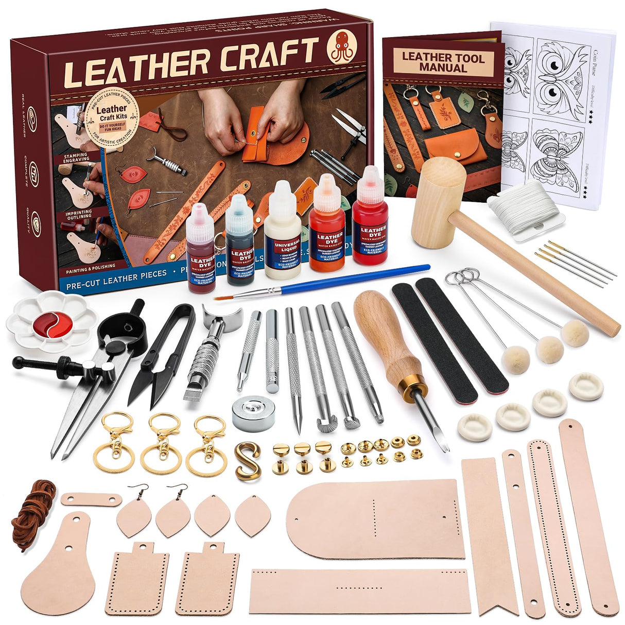 Leather Crafting Kit: Leather Working Tools and Supplies for DIY Craft Beginners Stamping Dyeing Carving Sewing Edge Sealing with Video Tutorials for Earrings Wallet Keychain Wristband Bookmark CBHGFEA