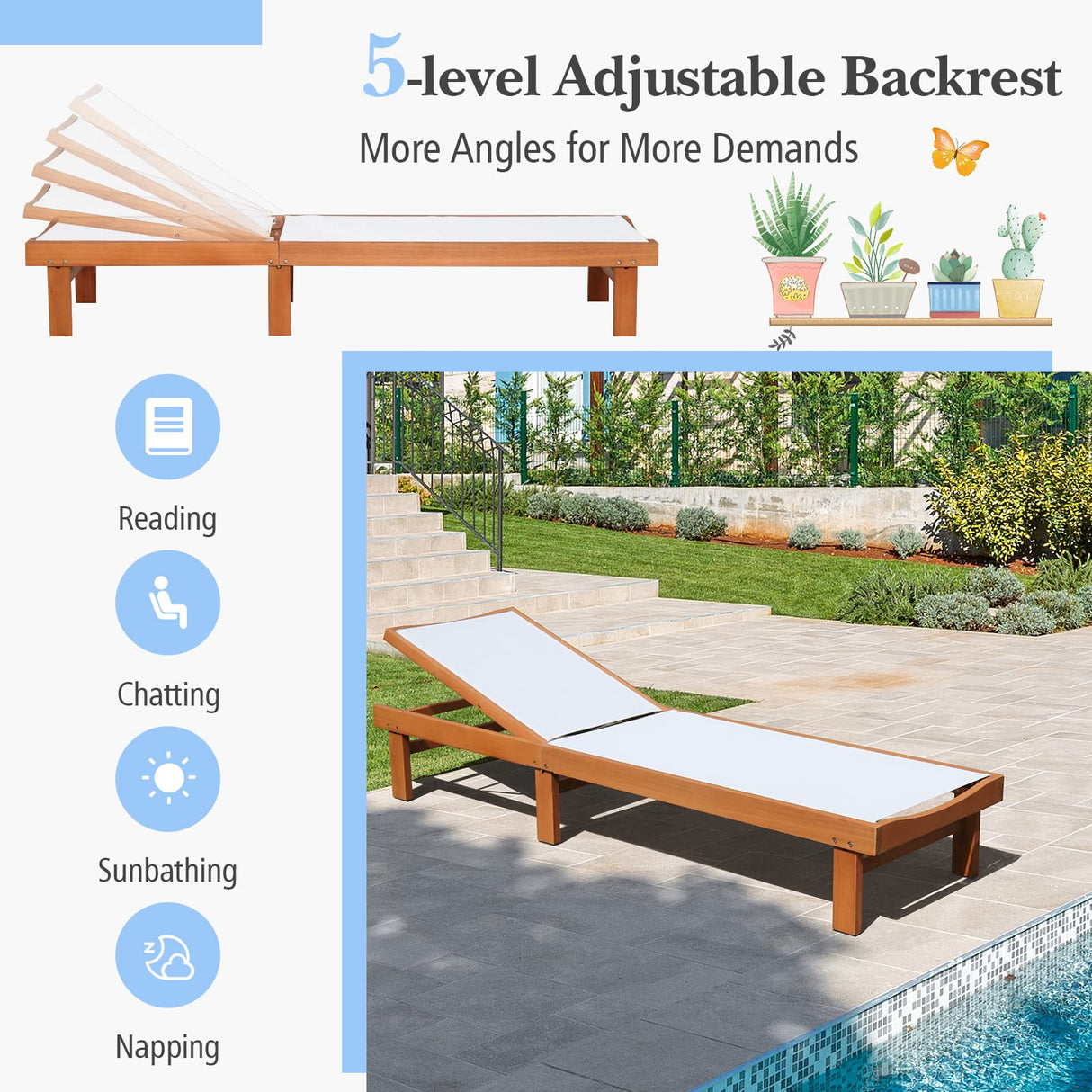 COSTWAY Patio Wood Chaise Lounge Chair, Strong Eucalyptus Wood Frame, 5-Position Adjustable Outdoor Recliner with White Mesh (2) COSTWAY