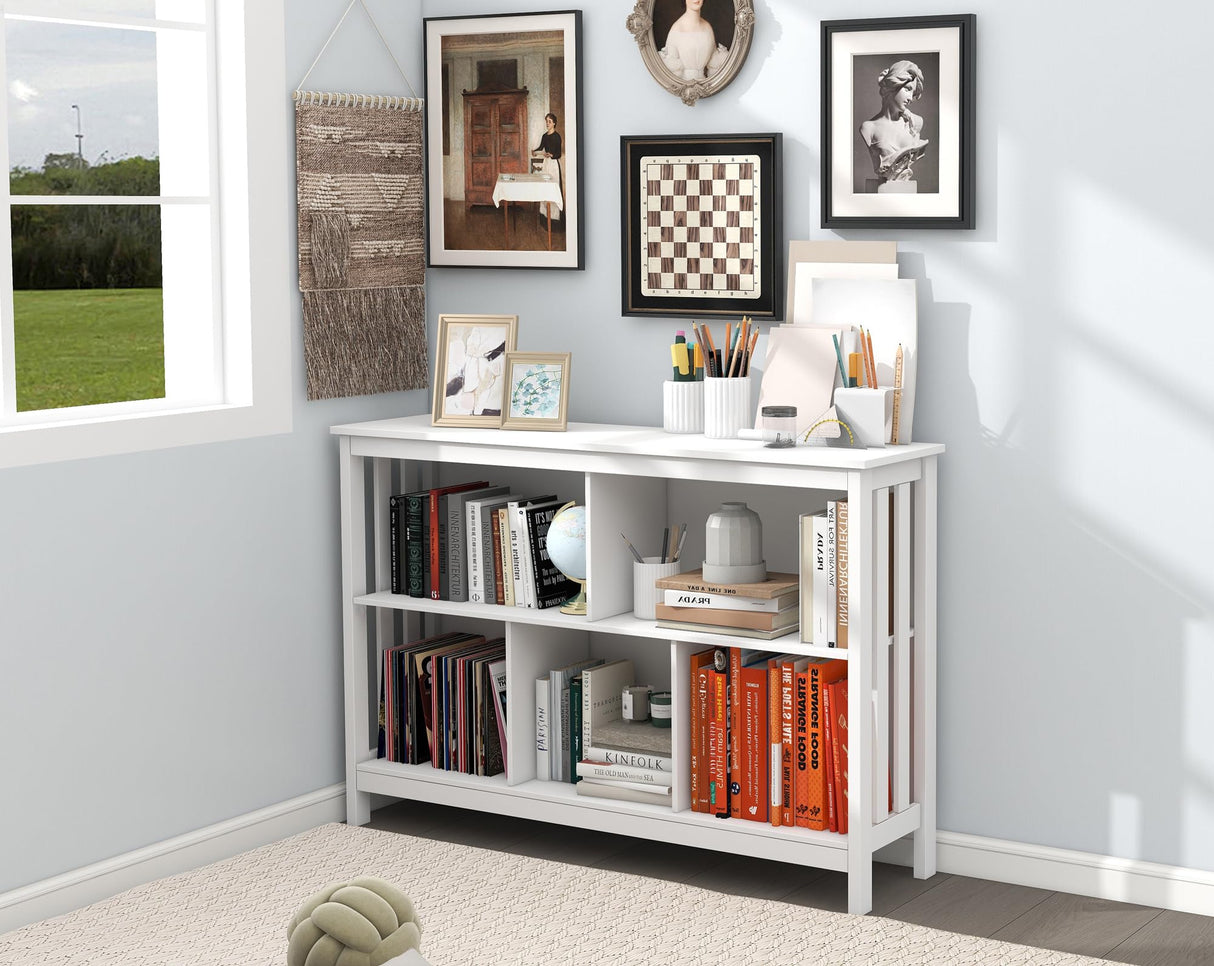 TaoHFE Horizontal Bookshelf - Modern Minimalist 2-Tier Book Shelf with Storage, Short Wide Wood Bookshelf for Classroom, Office, Living Room or Study, White TaoHFE