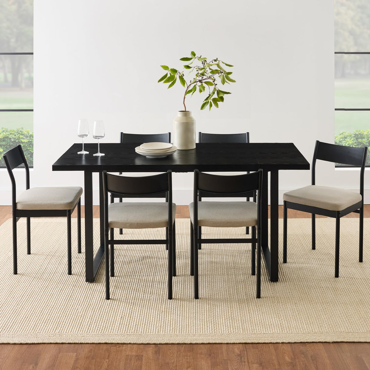 Best Choice Products 7-Piece Modern Dining Room Set, Kitchen Table Set, Dining Table w/ 6 Chairs, Upholstered Cushions, Solid Metal Frame, Curved Backrest - Black/Ivory Best Choice Products