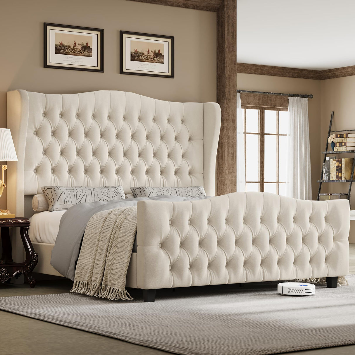 Keyluv King Size 54.3” Tall Platform Bed Frame with Deep Button Tufted Wingback Headboard and Footboard, Velvet Upholstered Bed Frame with Handmade Pleats, No Box Spring Needed, Beige/Cream Keyluv