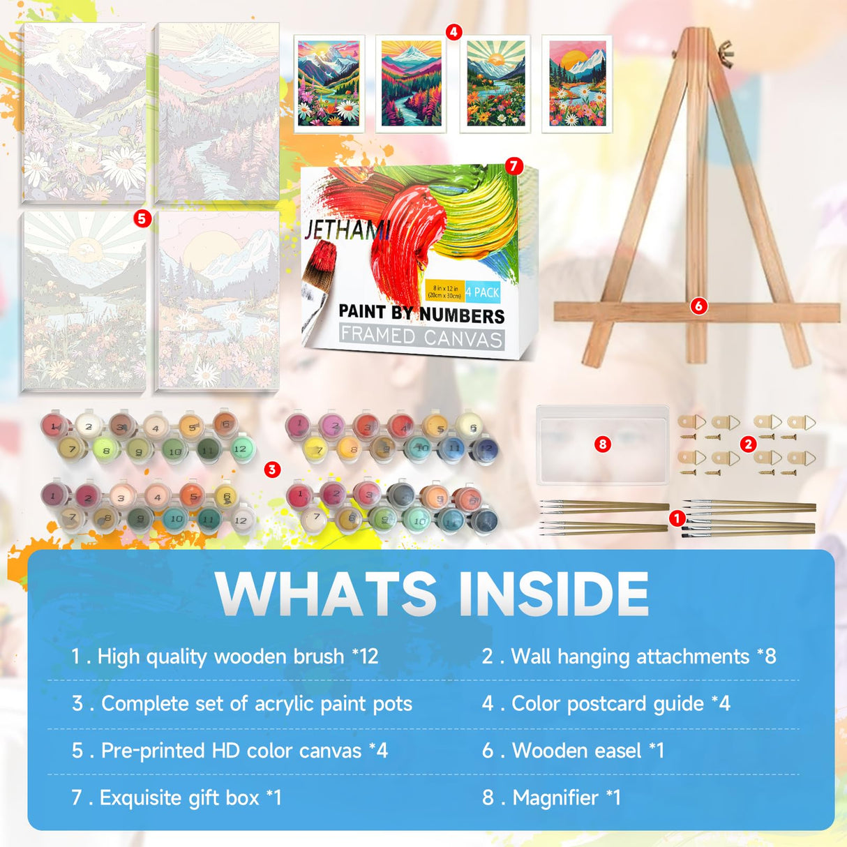 Jethami 4 Pack Paint by Numbers for Adults, Mountains Lake Sunset Landscape DIY Art Kits for Beginners, 8x12 in Framed Canvas for Home Decor Jethami