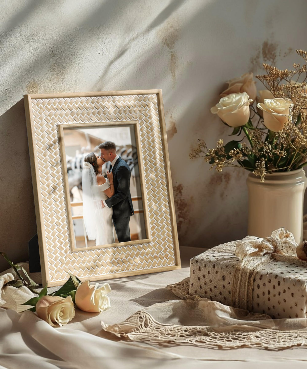 Afuly 5x7 Picture Frame Natural Boho Picture Frames Beige Chic Bohemian Photo Frame Desk Picture Frames for Wall Hangings Home Decor, Wedding Gifts for Couple Grandma Mom Women Afuly