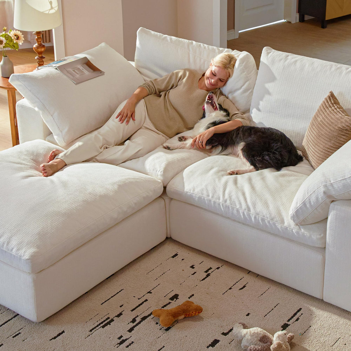 Vorthio Cloud Couch Sectional 110.2'' Oversized Modular Deep Seat Sofa L Shaped Comfy White Cloud Couch with Washable Cover for Living Room 3 Seater with 1 Ottoman Vorthio