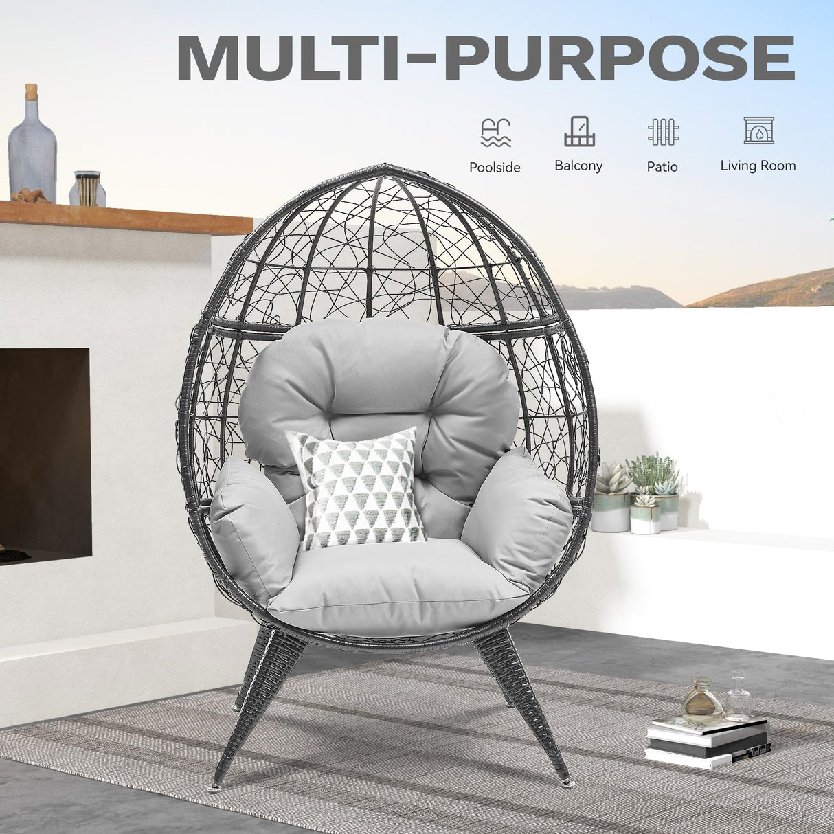 DWVO Egg Chair Patio Rattan Chair with Stand Anti-Slip All-Weather Poratble Adjustable Chair Feet Wicker Egg Lounger Chair for Indoor Outdoor 330LBS (Grey) DWVO