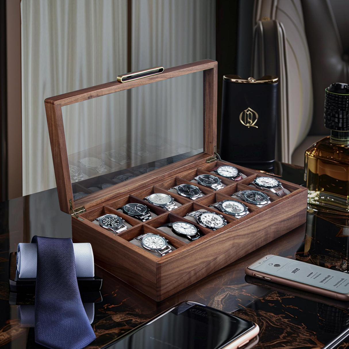 KITEISCAT Black Walnut Wood Watch Case for Men, 12-Slot Watch Box With Glass Lid & Watch Pillows, Watch Holder, Watch Display Case, Watch Box Organizer, Watch Storage Solution KITEISCAT
