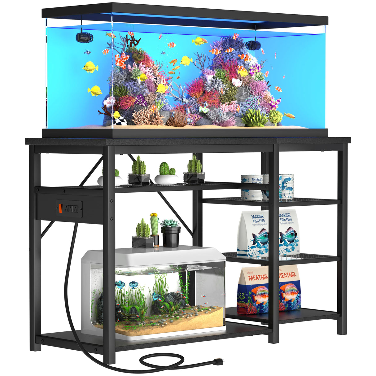 GRLEAF 55-75 Gallon Aquarium Stand: 1200LB Capacity, Built-In Power Outlets, 3-Tier Shelves for Fish Tank Accessories Storage, Heavy-Duty Steel/Wood Hybrid for Fish & Reptile Tanks | Excludes Tank GRLEAF
