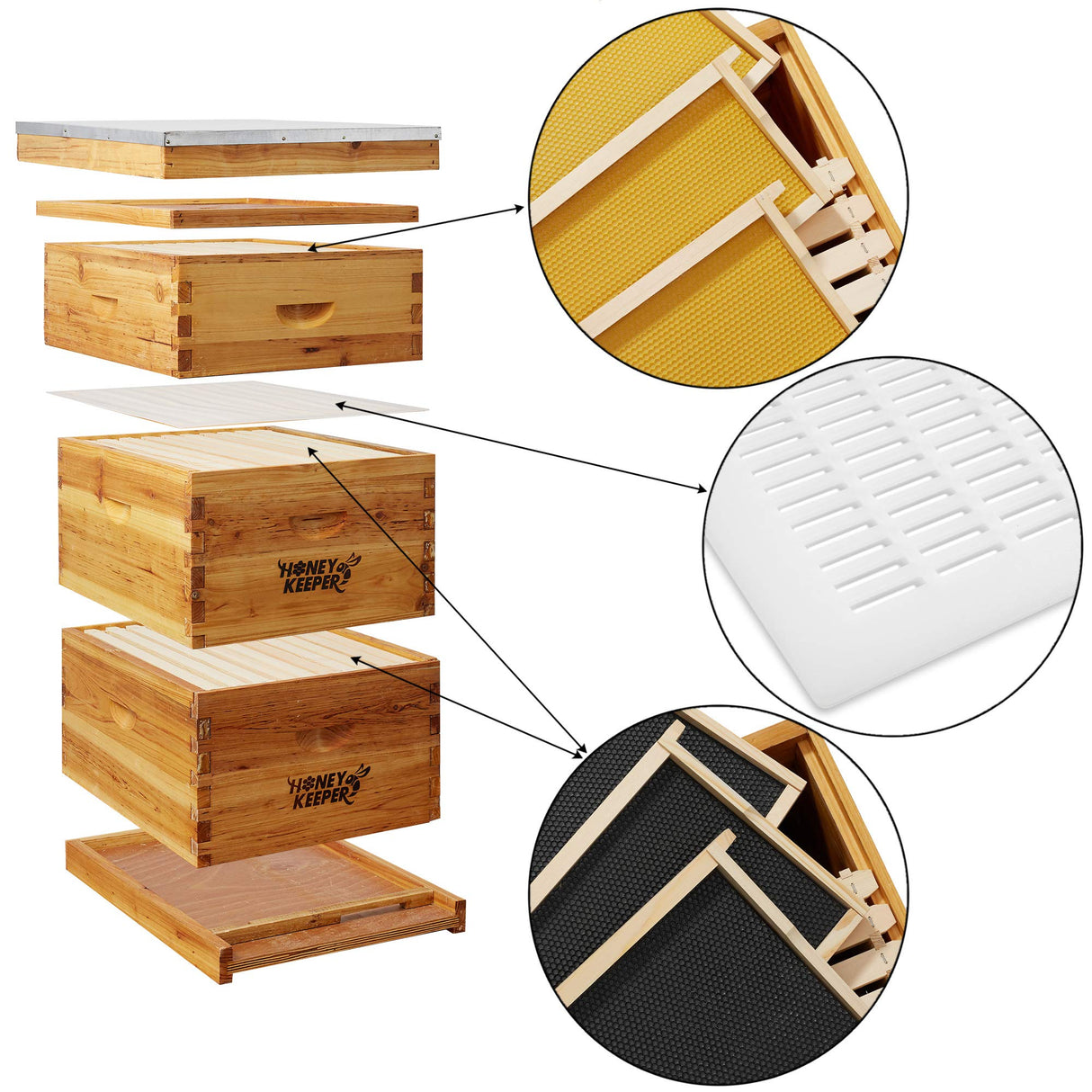 Honey Keeper Beehive 10 Frame Complete Box Kit Coated in 100% Beeswax (Waxed Boxes, 2 Deep and 1 Medium) with Wooden Frames and Waxed Foundations for Langstroth Beekeeping Honey Keeper
