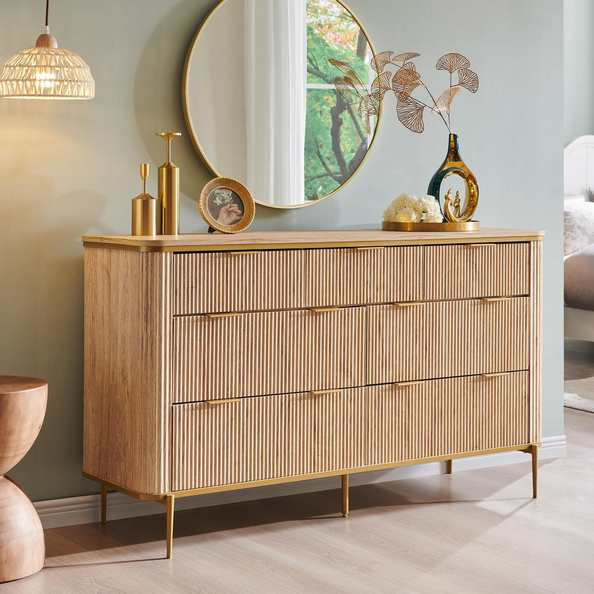 T4TREAM Fluted 7 Drawers Dresser for Bedroom, 54" Wide Modern Dresser TV Stand, Gold Accents, Fluted Fronts, Wood Storage Dressers Organizer for Bedroom, Living Room, Natural Oak T4TREAM