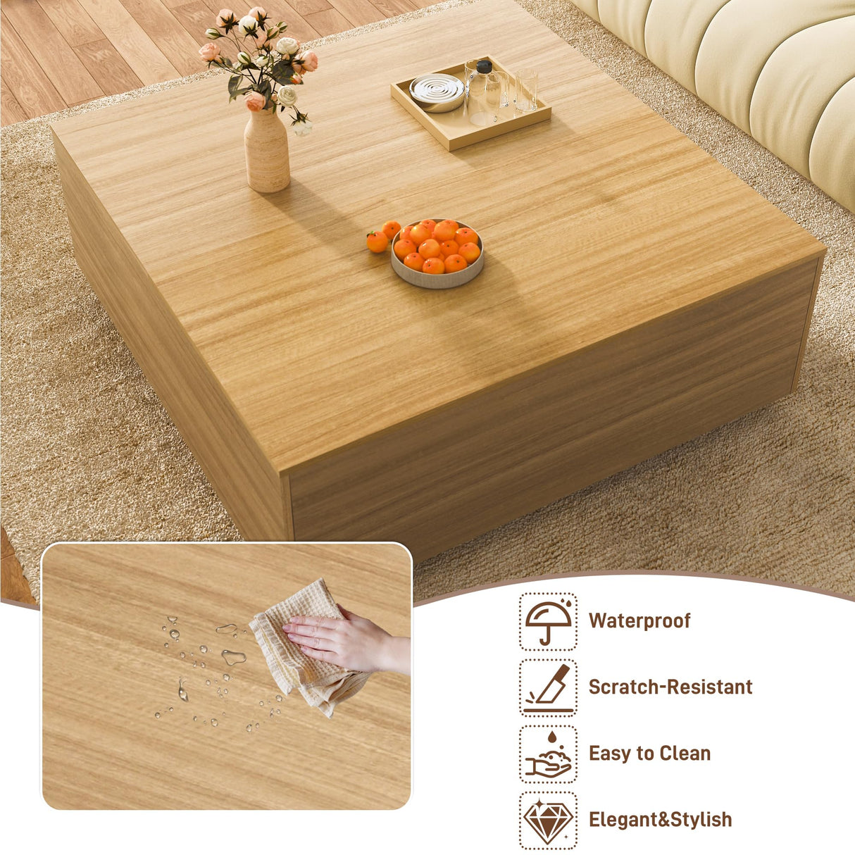 43 Inch Large Square Coffee Table with Storage,Modern Wooden Coffee Table with 2 Drawers Storage for Living Room,Mid Century Tea Table/Aesthetic Coffee Tables Center Table for Home Office(Oak) jiteentarou