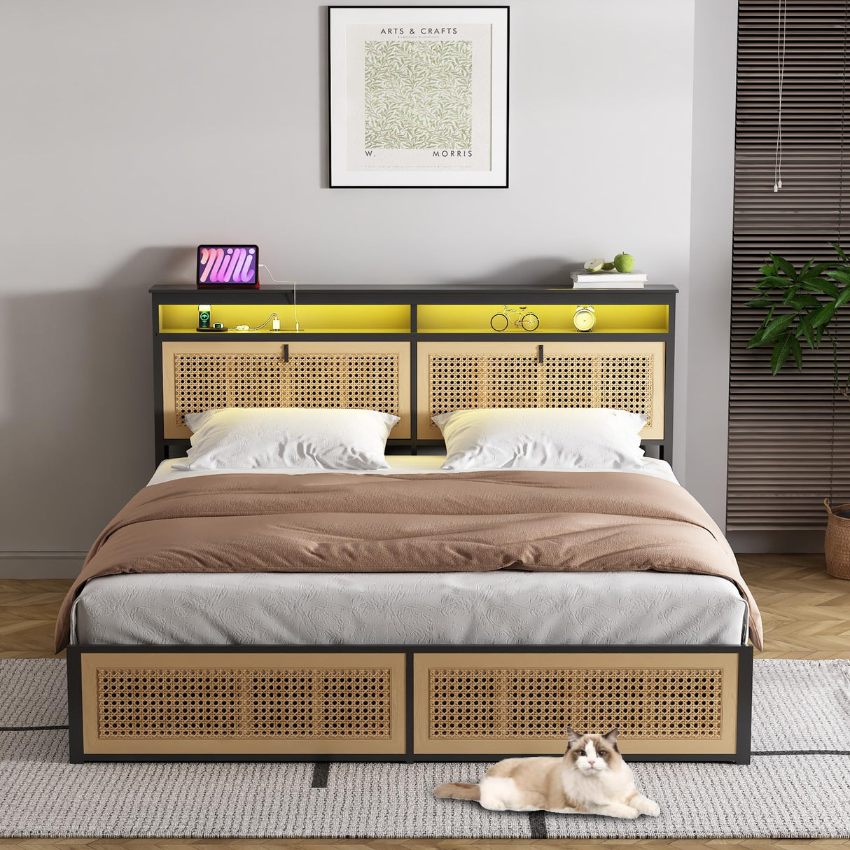 affeivul Boho Bed Frame Queen Size with Headboard, Rattan Bed Frame with Led Lights, Farmhouse Bed Frame with Storage, Charging Station and Cat Cabinet, NO Box Spring Needed, Metal and Wood Combine affeivul