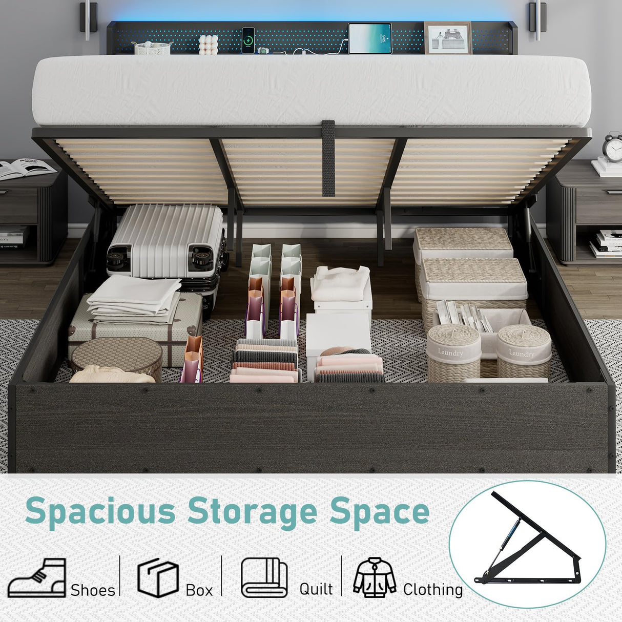 Albott King Size Lift Up Storage Bed Frame, Modern RGB LED Light Platform Bed Frame with Charging Station/Linen Upholstered Headboard/No Box Spring Needed, Black Albott