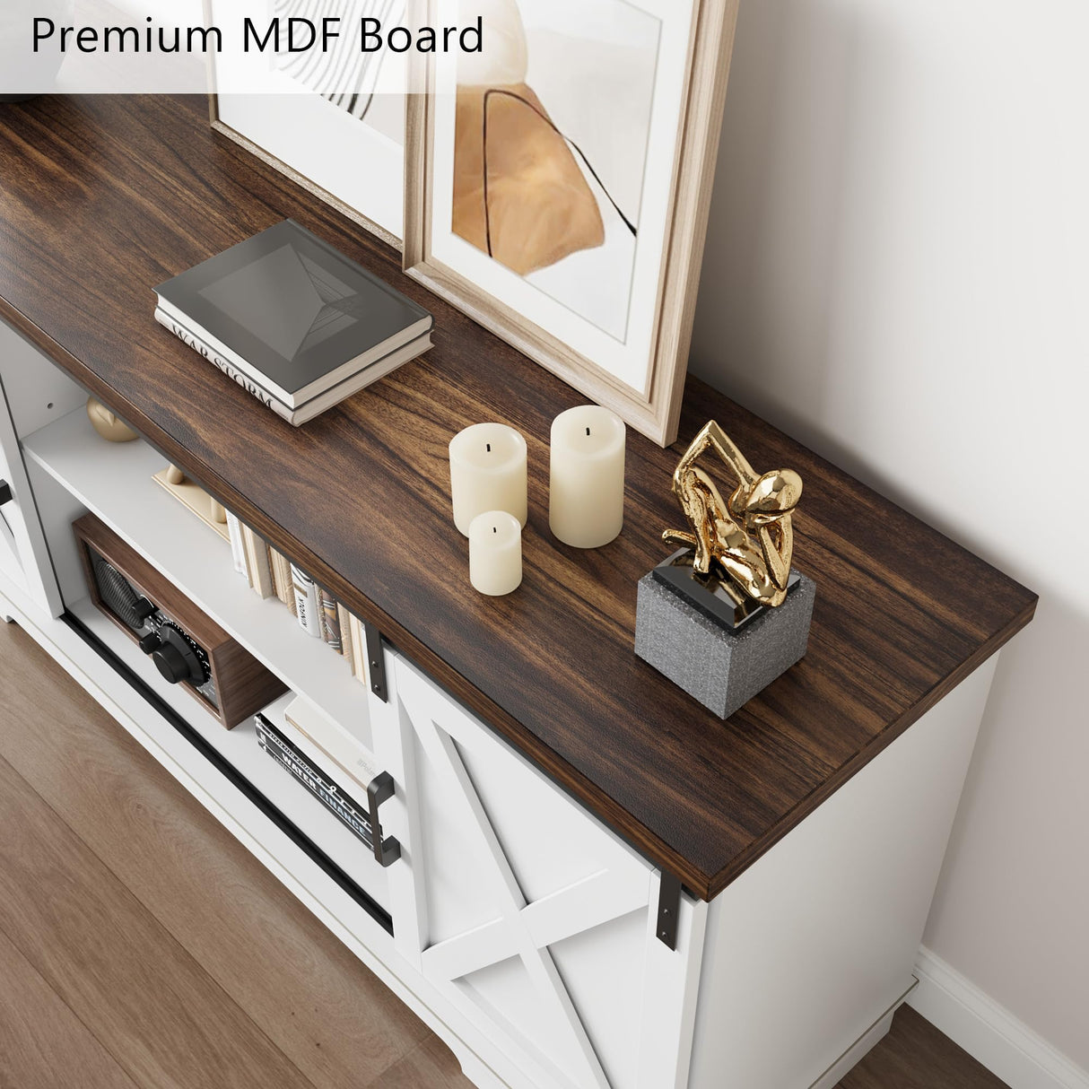 IDEALHOUSE Farmhouse Tv Stand for 65 Inch TVs, Entertainment Center with Sliding Barn Doors and Adjustable Shelf, Modern Storage Media TV Console TV Stand Table for Living Room, Bedroom, White IDEALHOUSE