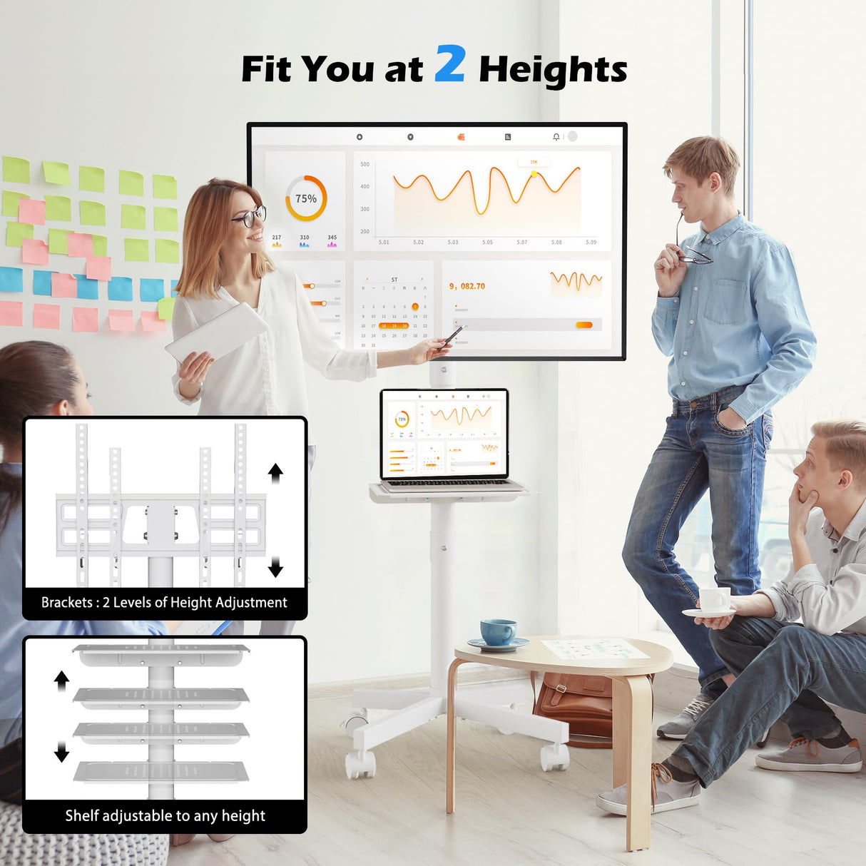 BONTEC Mobile TV Stand, Tilt Rolling TV Cart with Media Shelf and Locking Wheels, Fits 23-60” LED, LCD, OLED Flat Curved TVs, Holds Up to 88lbs, Max VESA 400x400mm, White BONTEC