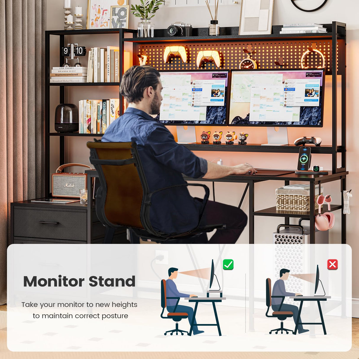 UPOSOJA Gaming Desk with Hutch, 65in Reversible Computer Desk with Power Outlets LED Light, Home Office Desk with Monitor Stand 2 Drawers 4 Storage Shelves Pegboard 8 Hooks Mouse Pad (Black) UPOSOJA