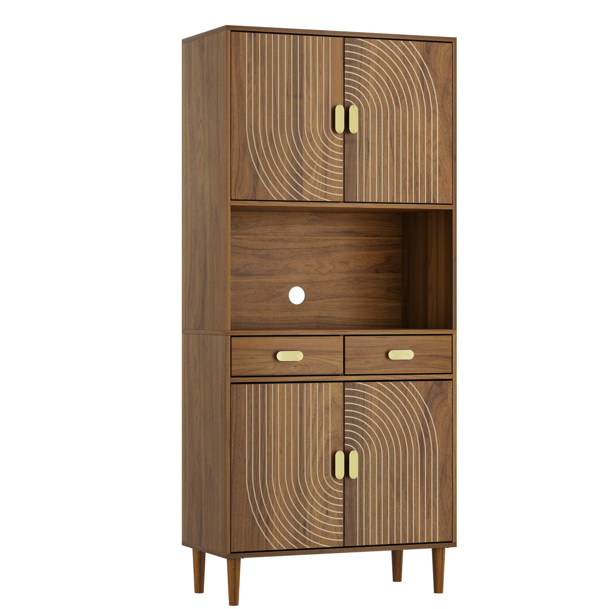 Smuxee 70.87" Walnut Kitchen Pantry Cabinet, Tall Food Pantry Cabinet with Line Groove Design, Kitchen Hutch with Microwave Stand for Dining Room Living Room Smuxee